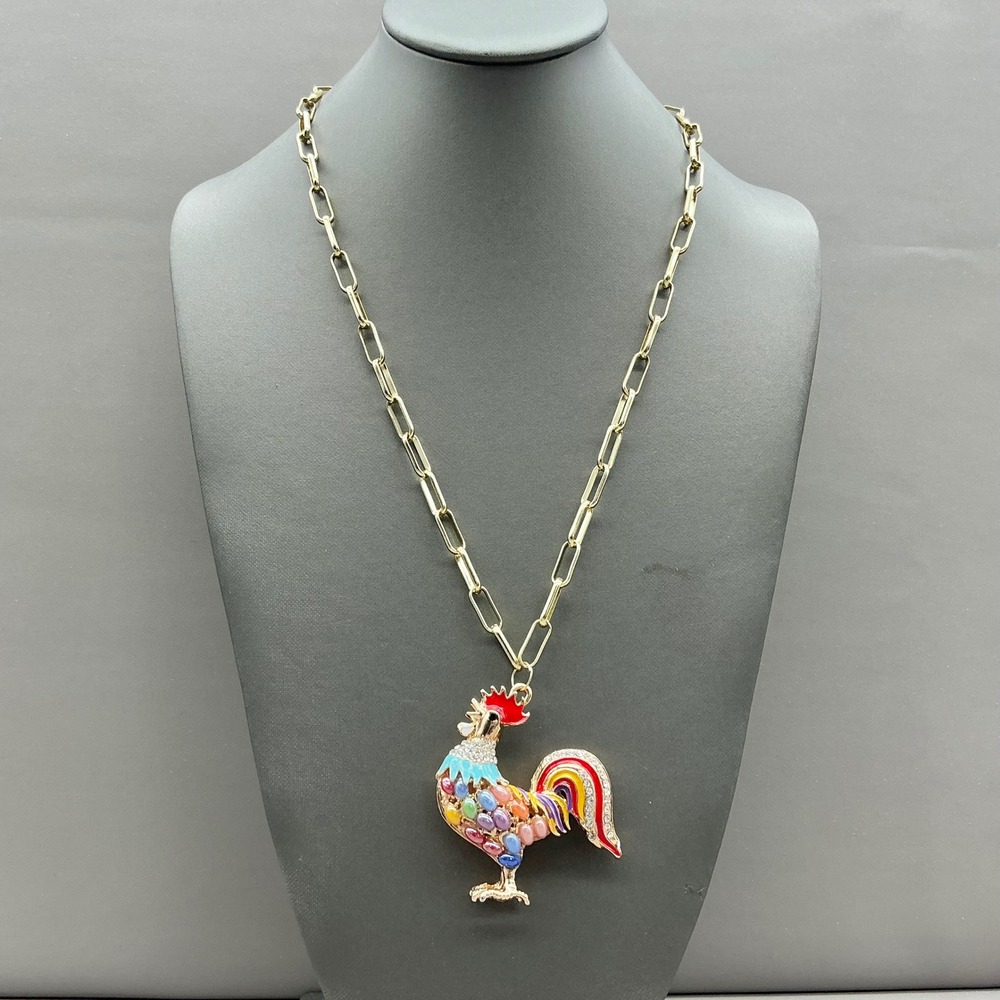 Rooster Pendant Necklace Gold Tone Multi Color Enamel Rhinestone Paperclip Link